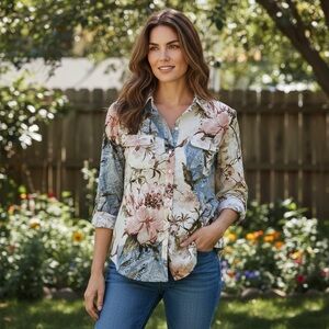 Chico's No Iron Floral Print Button Up Polyester Shirt Long Sleeve‎ Women's Sz O